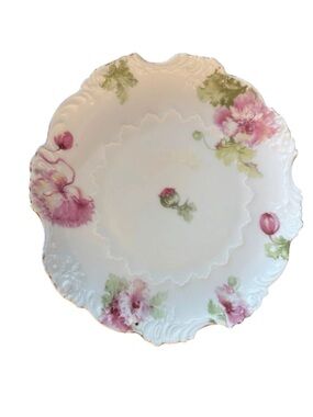 Antique German Porcelain Floral Plate Pink Flowers Gold Trim 8 Inch